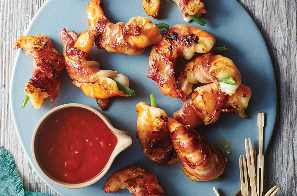 Bacon-Wrapped Jalapeño Shrimp with Cherry Cola BBQ Sauce