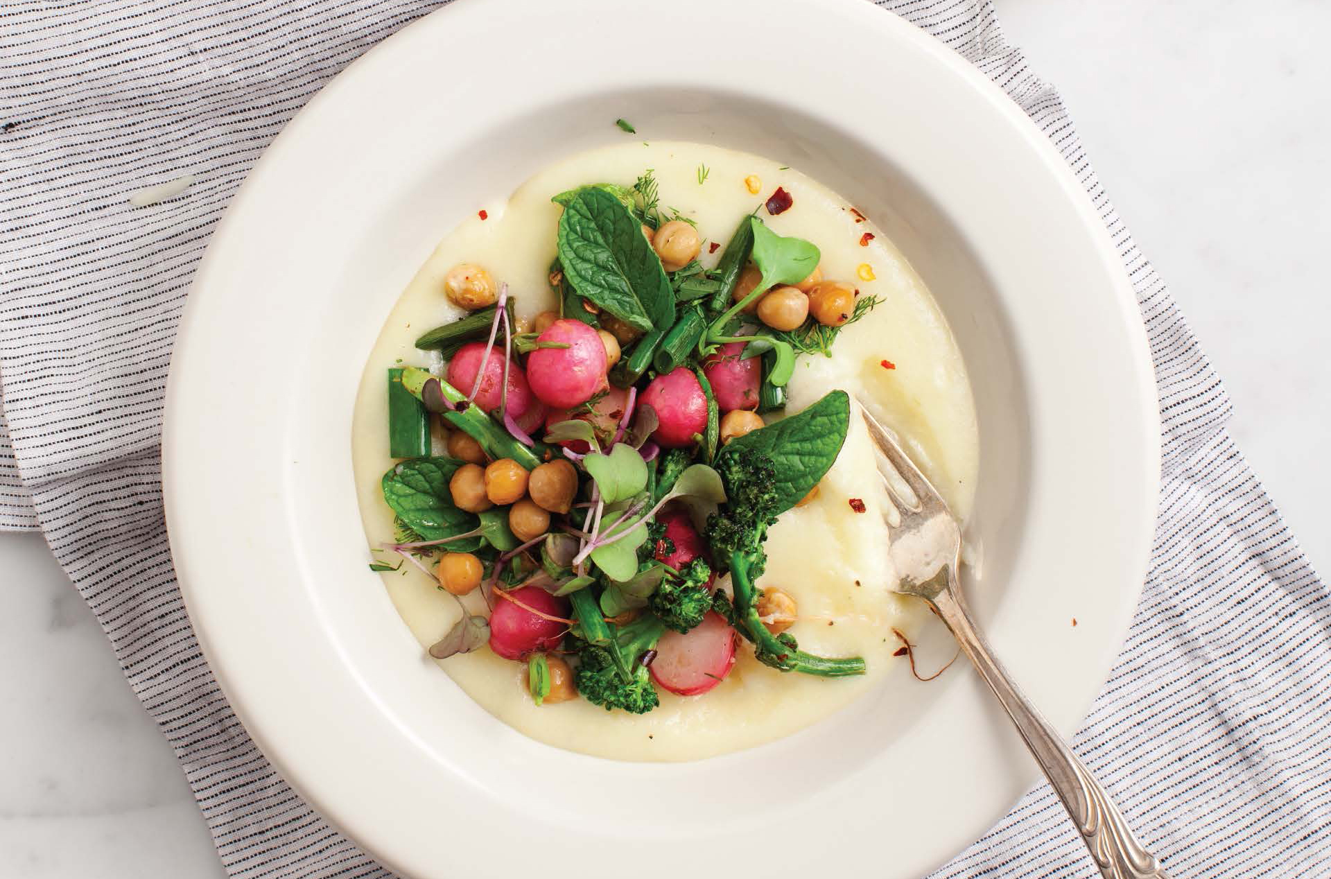 Spring Polenta with Radishes and Garlic Scapes